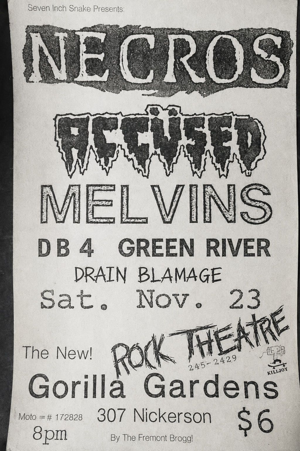Concert poster for Necros, Accüsed, Melvins, DB4, Green River and Drain Blamage at Gorilla Gardens