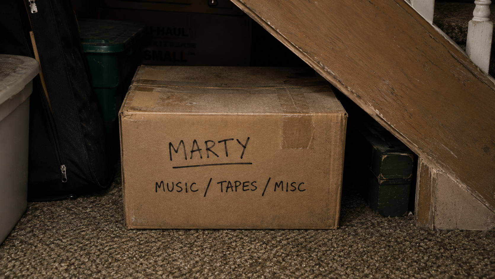 A worn cardboard box under the stairs labeled Marty, Music / Tapes / Misc